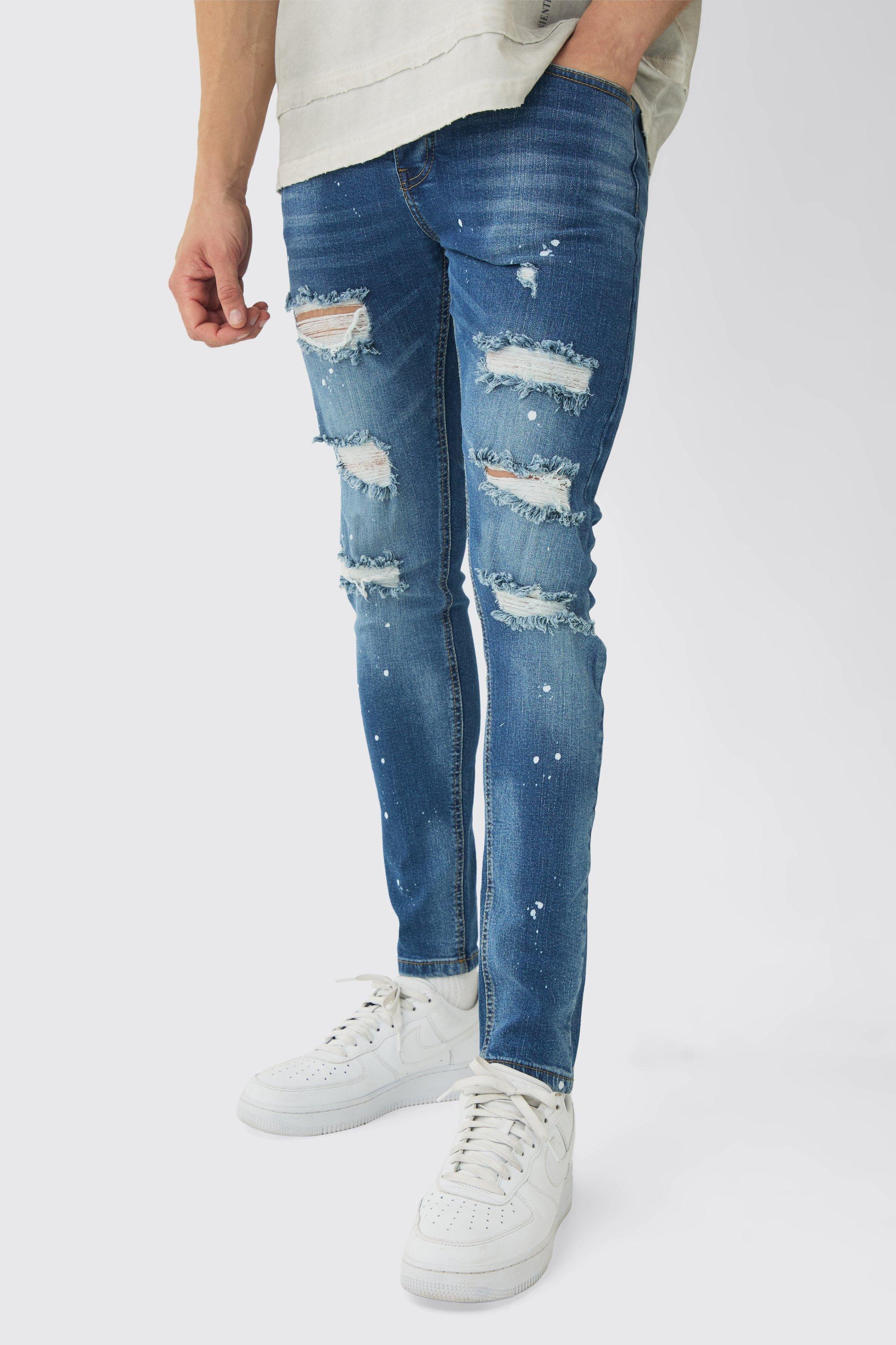 Mens Skinny Stretch Rip & Repair Paint Splatter Jeans - Blue Product Image