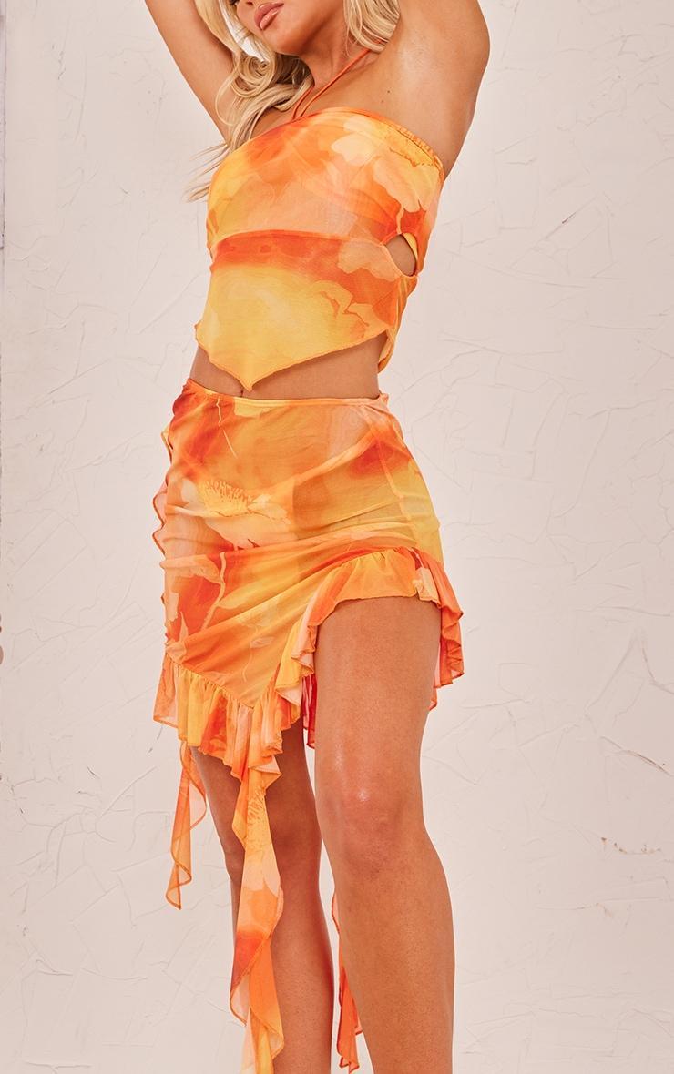 Orange Ombre Flower Print Frill Mesh Beach Skirt Product Image