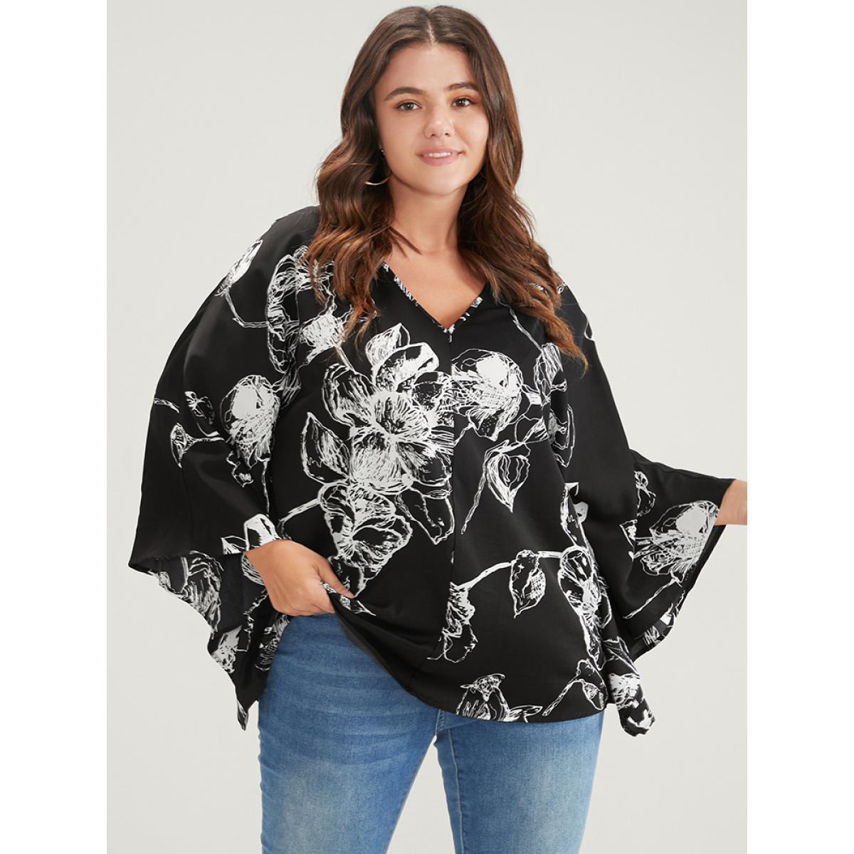 Plus Size Black Floral Print V Neck Dolman Sleeve Blouse Women Elegant Long Sleeve V-neck Dailywear Blouses BloomChic 26/4X Product Image