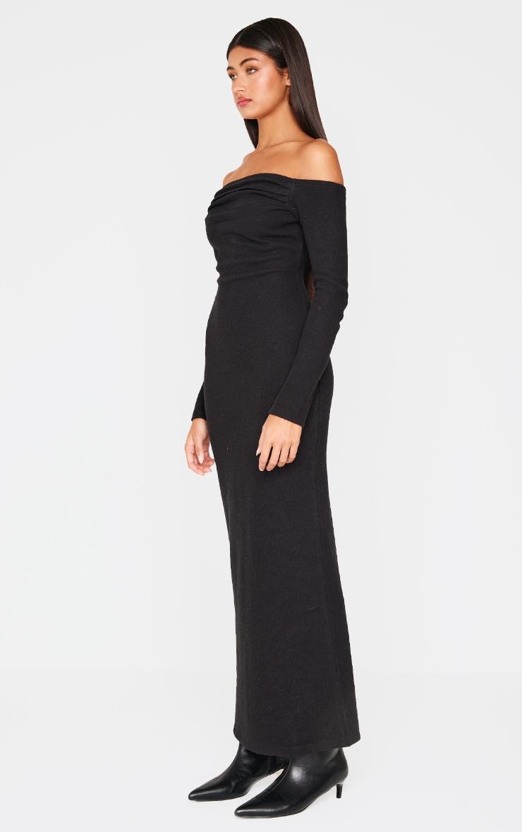  Black Heavy Rib Bardot Long Sleeve Maxi Dress Product Image