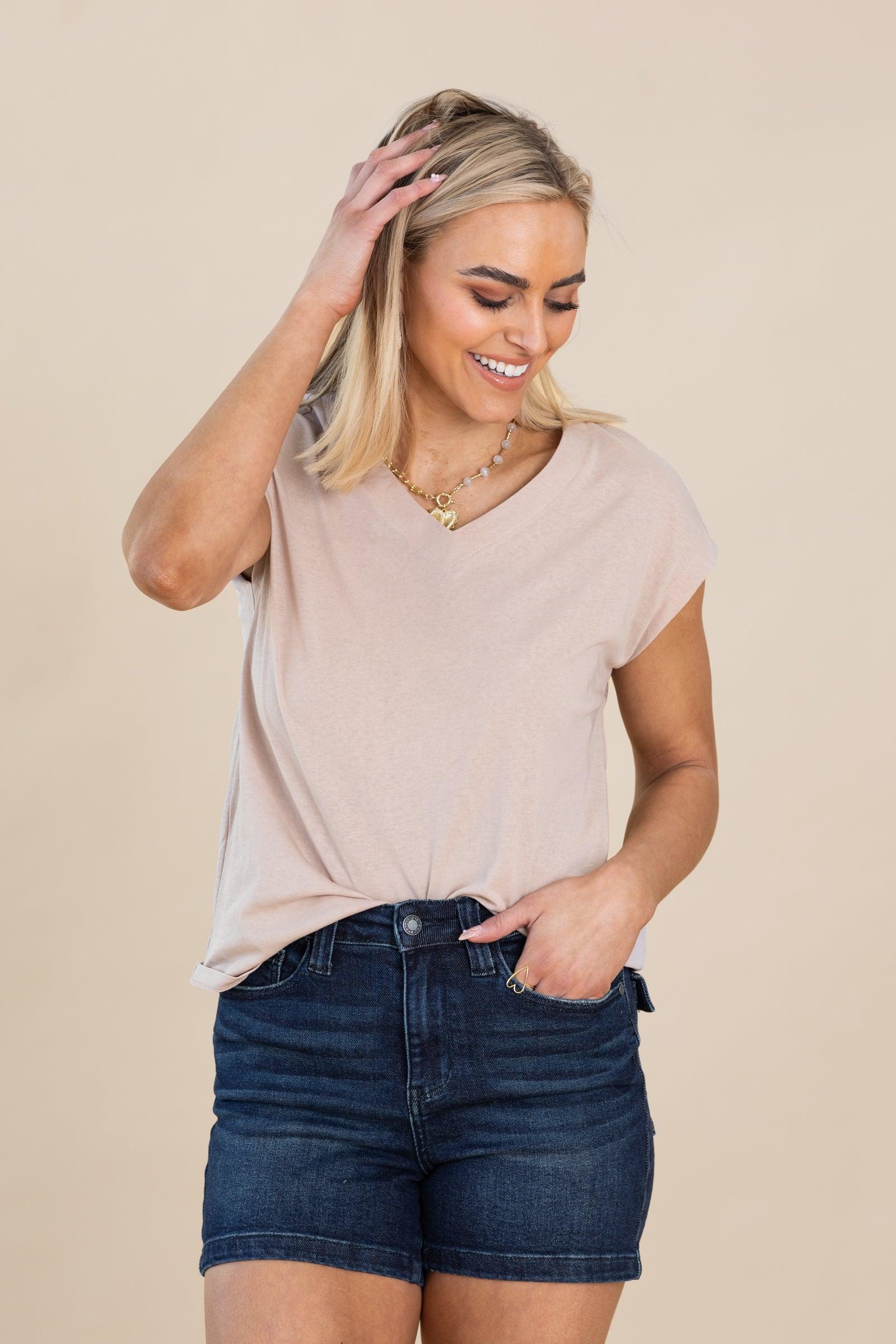 V-Neck Cap Sleeve Solid Linen Feel Top Product Image