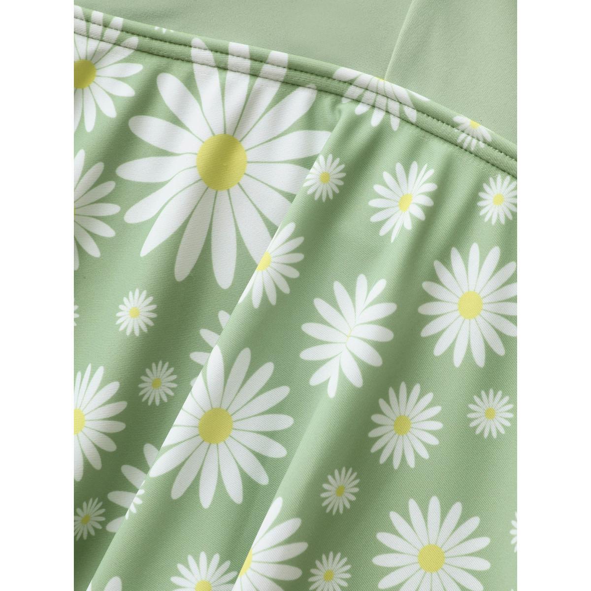 Plus Size Floral Patchwork Twist Front Buckle Detail Swim Dress Women's Swimwear LightGreen Beach Bodycon Heart neckline High stretch Curve Swim Dresses BloomChic 12/L Product Image