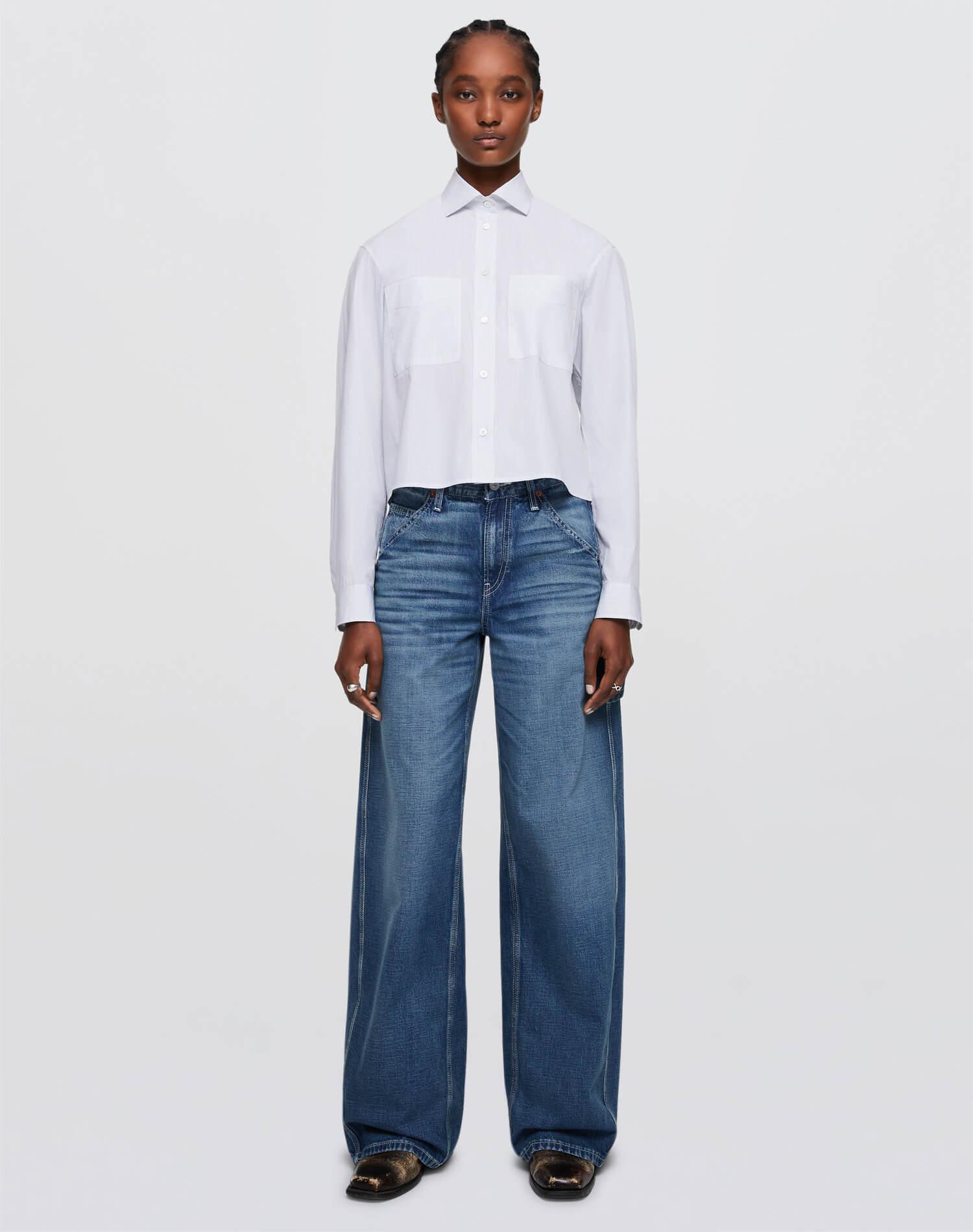 Cropped Oversized Button Up - White/Black Female Product Image