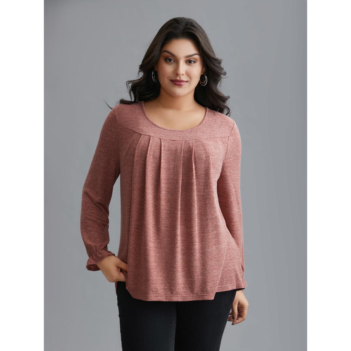 Plus Size Round Neck Heather Pleated T-shirt OrangeRed Women Elegant Pleated Round Neck Loose Everyday T-shirts BloomChic 30/6X Product Image