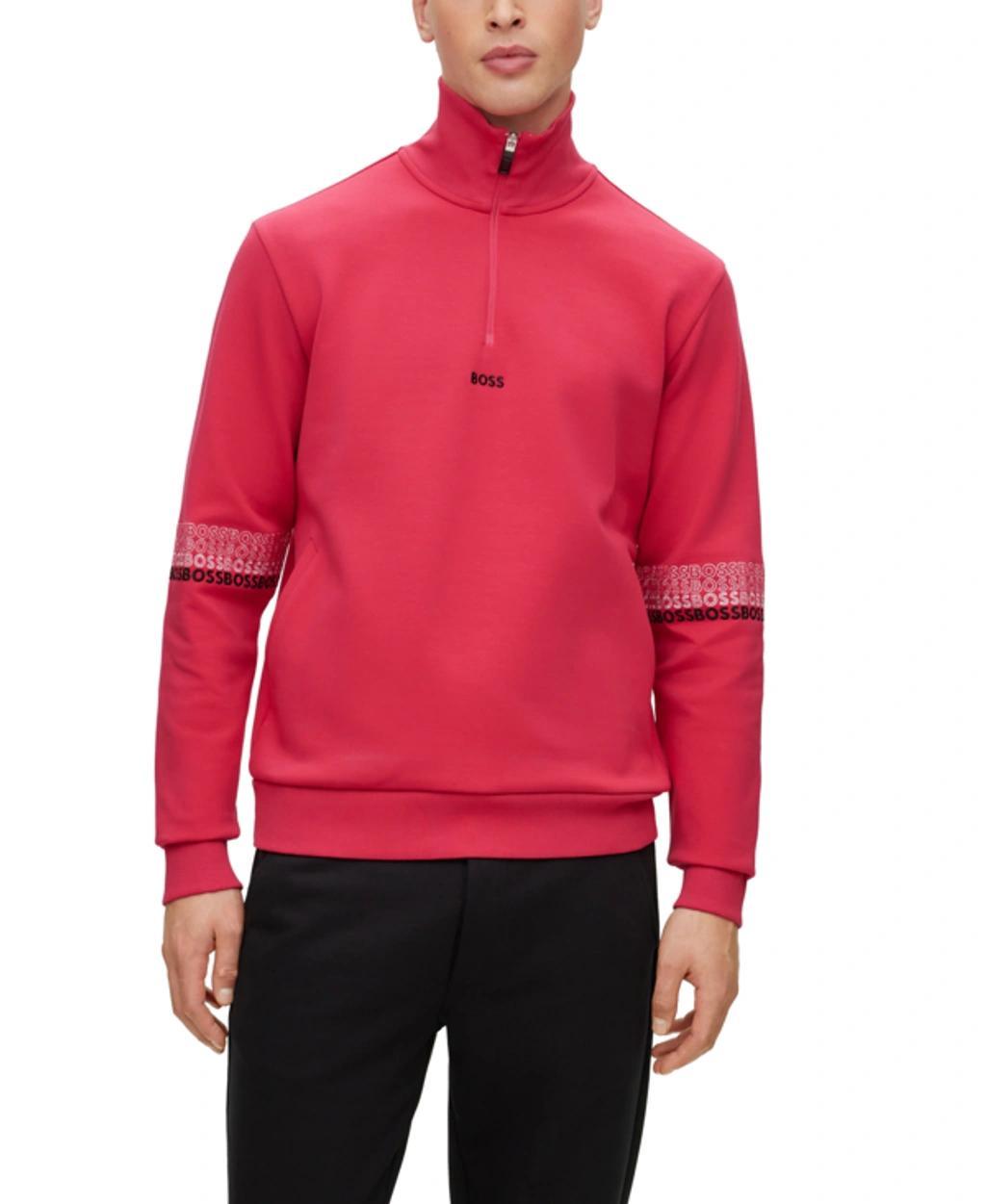 HUGO BOSS Cotton-blend Zip-neck Sweatshirt With Multi-colored Logos In Pink Product Image