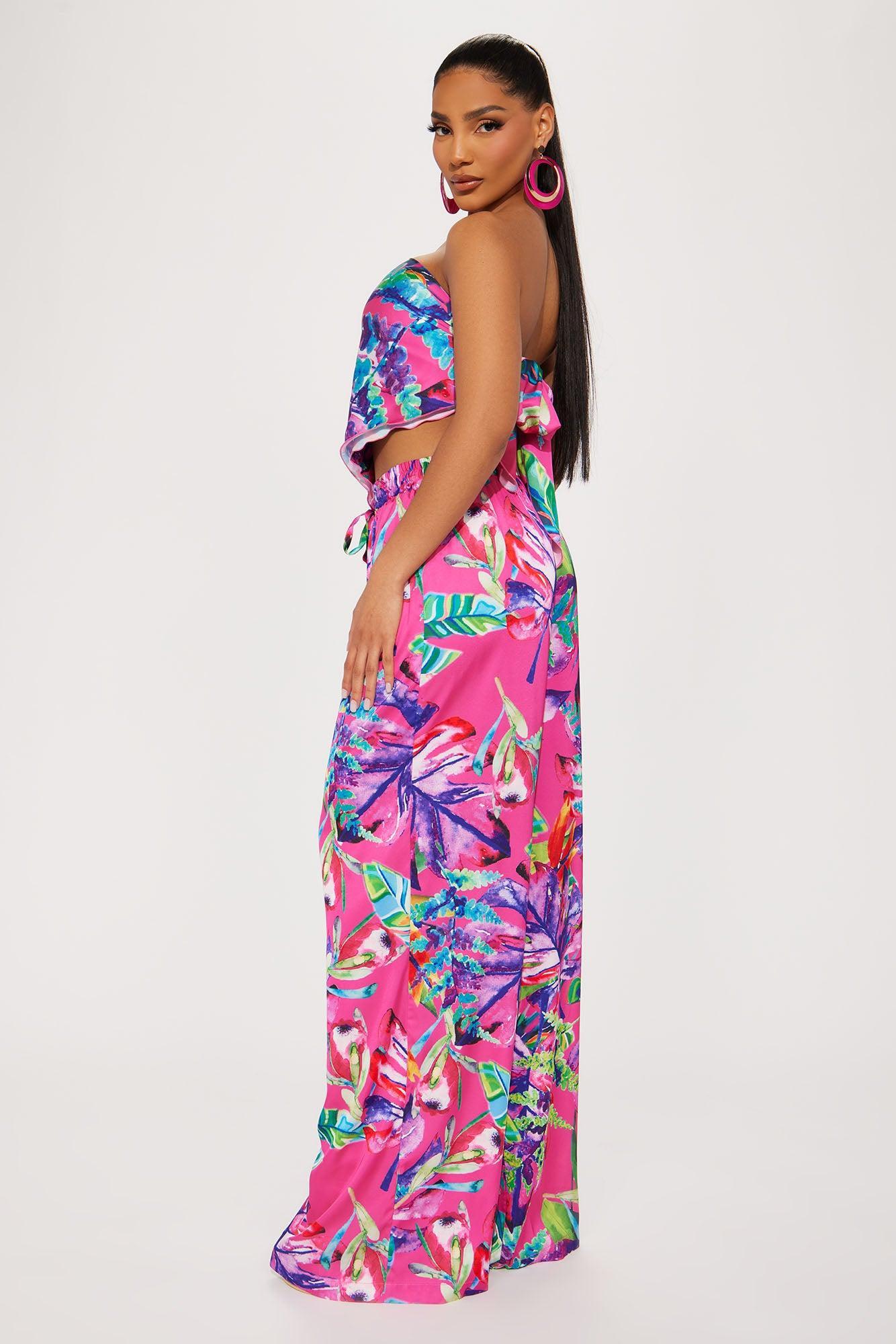 Tropical Babe Satin Pant Set - Pink/combo Product Image