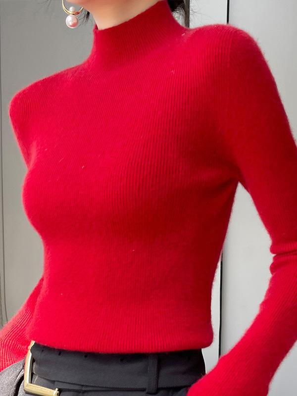 Casual Skinny Long Sleeves Solid Color Half Turtleneck Sweater Tops Product Image
