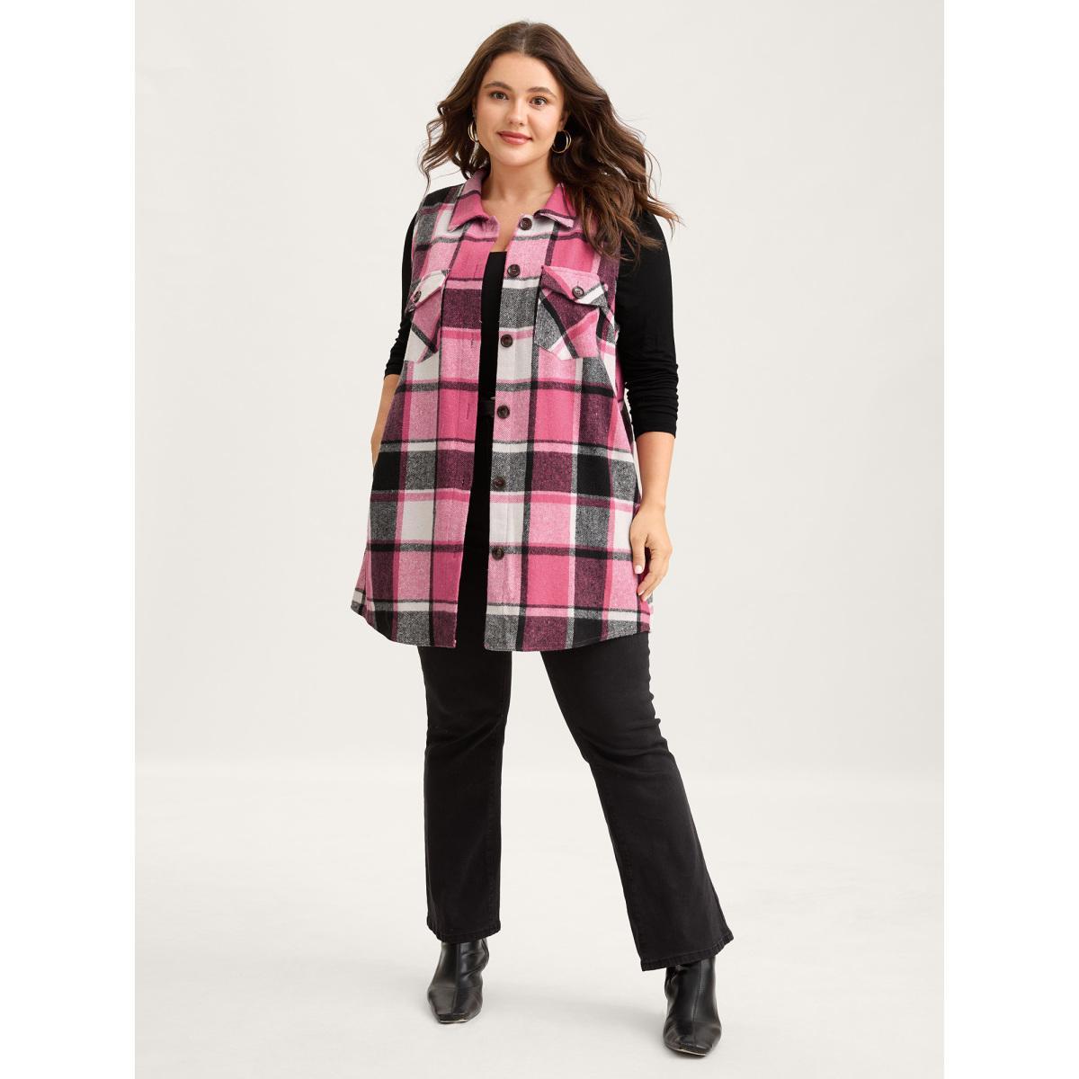 Plus Size Plaid Flap Detail Sleeveless Jacket Women Rosered Button Side seam pocket Casual Jackets BloomChic 28/5X Product Image