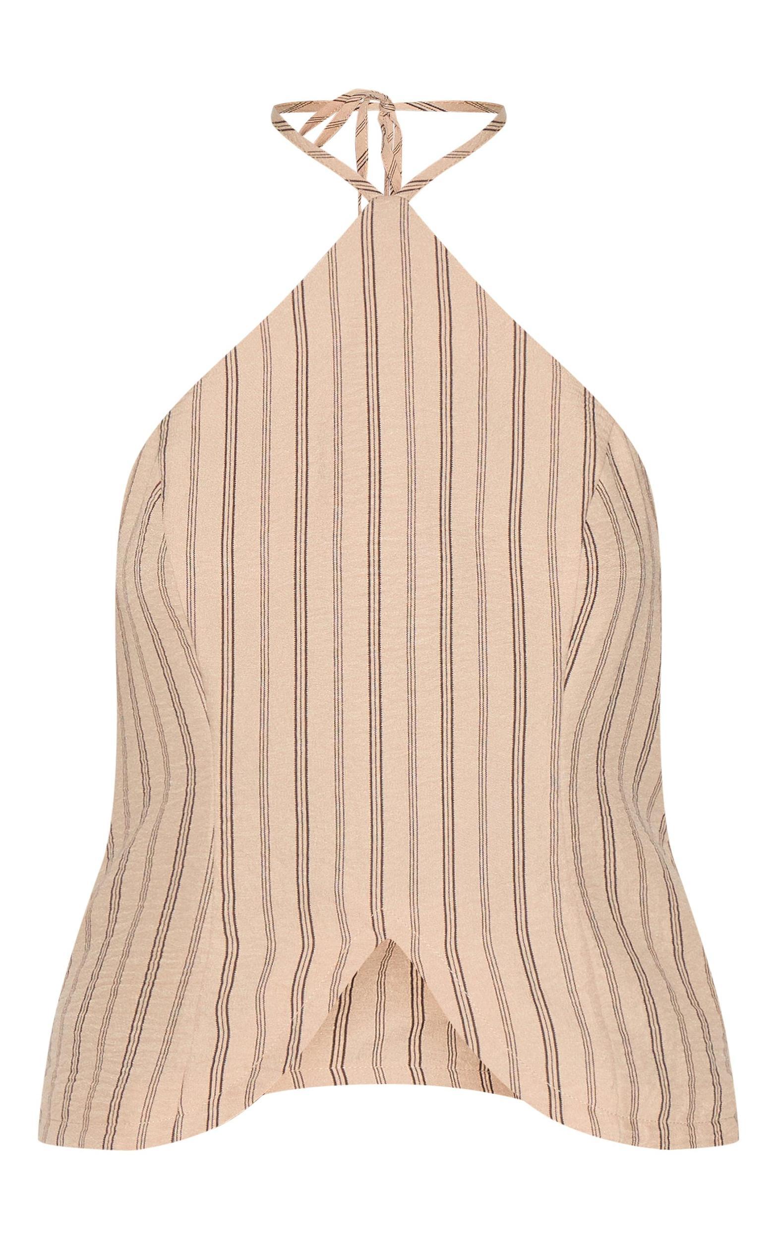 Beige Striped Halterneck Long Top Product Image