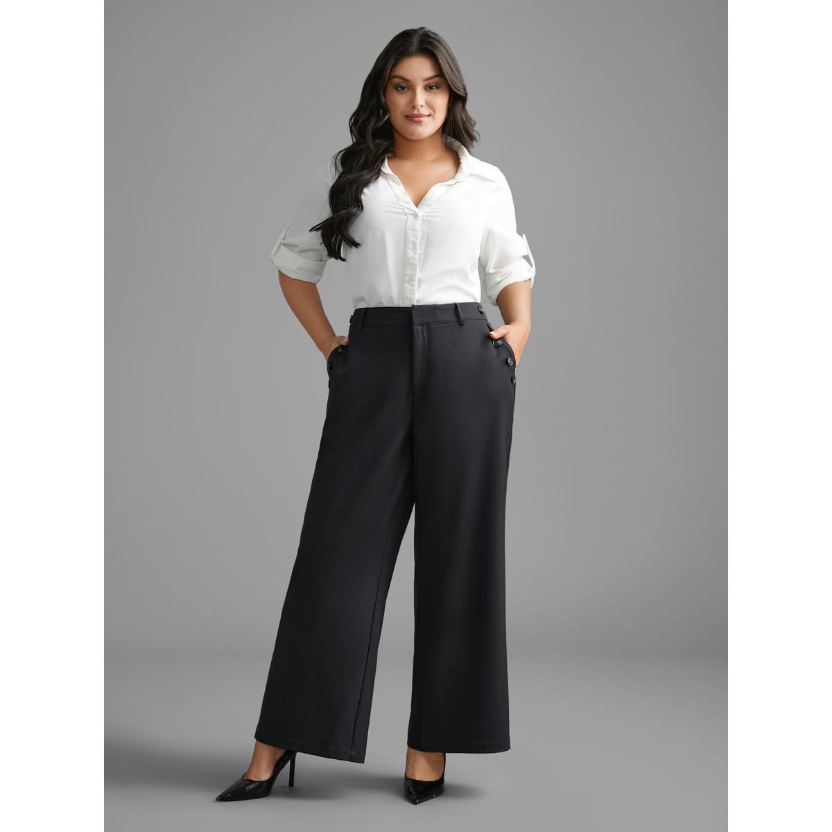 Plus Size Stretchy Woven Button Detail Bootcut Pants Women DimGray Workwear Essentials Bootcut Mid Rise Office Pants BloomChic 18-20/2X Product Image