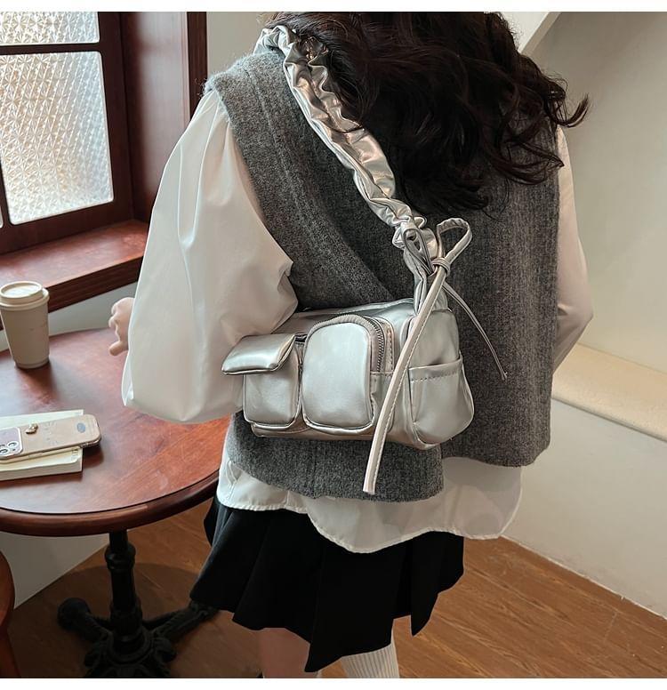 Plain Ruched Strap Faux Leather Shoulder Bag Product Image