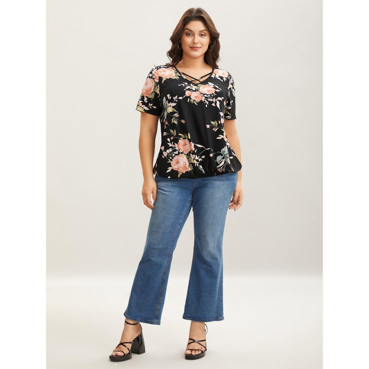 Plus Size Stretchy Larger Flower Print Neck Tie T-Shirt BlackFlower Women Contrast V-neck Everyday-Elegant T-shirts BloomChic 18-20/2X Product Image