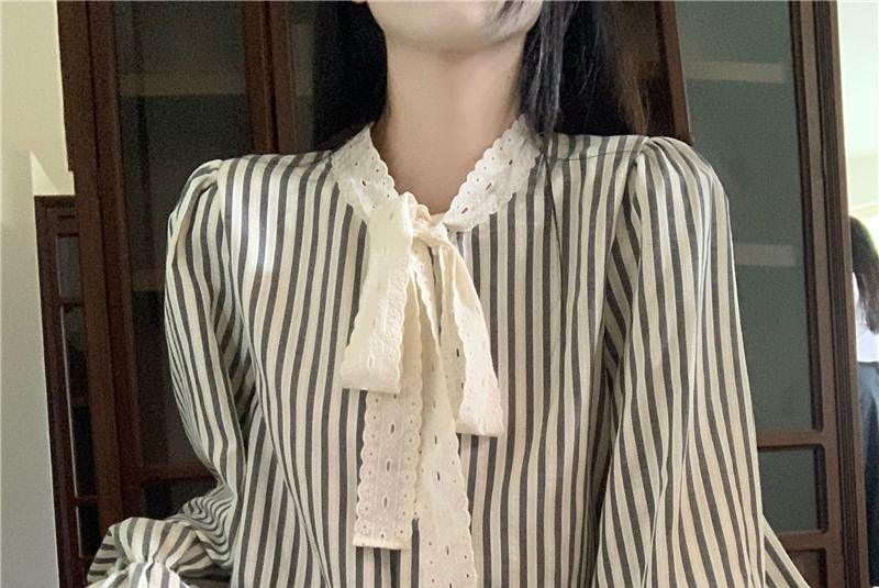 Long Sleeve Tie Neck Striped Panel Blouse Product Image