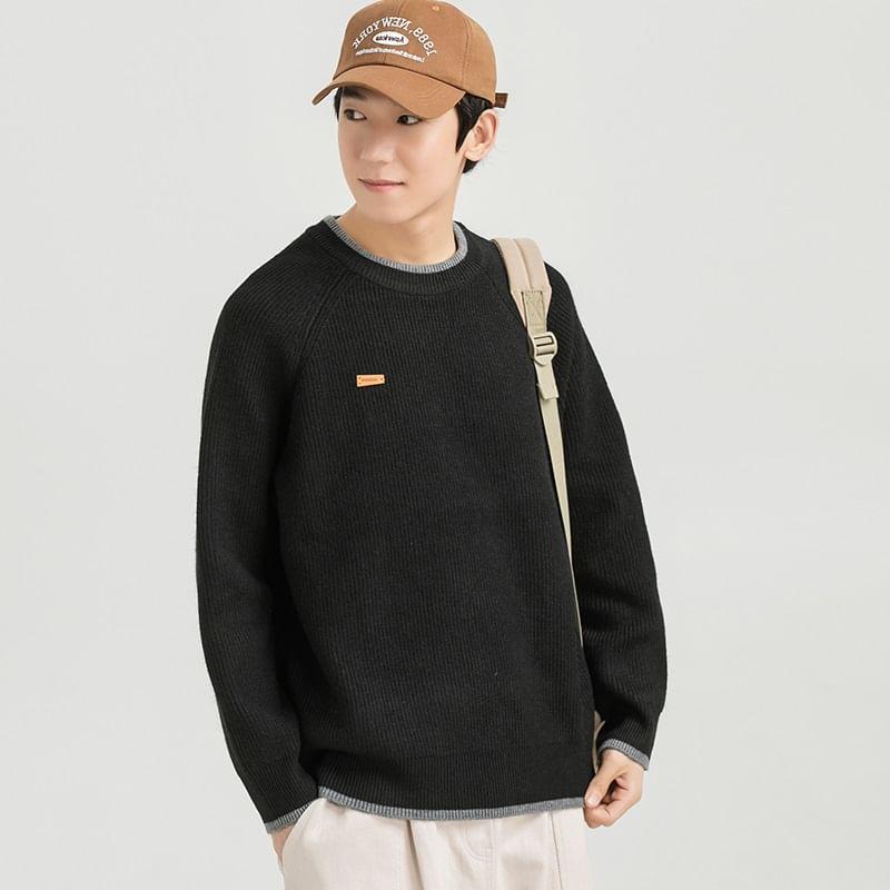 Crew Neck Contrast Trim Ribbed Sweater Product Image