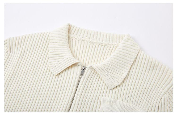 Long-Sleeve Collar Plain Ribbed Zip Knit Top Product Image