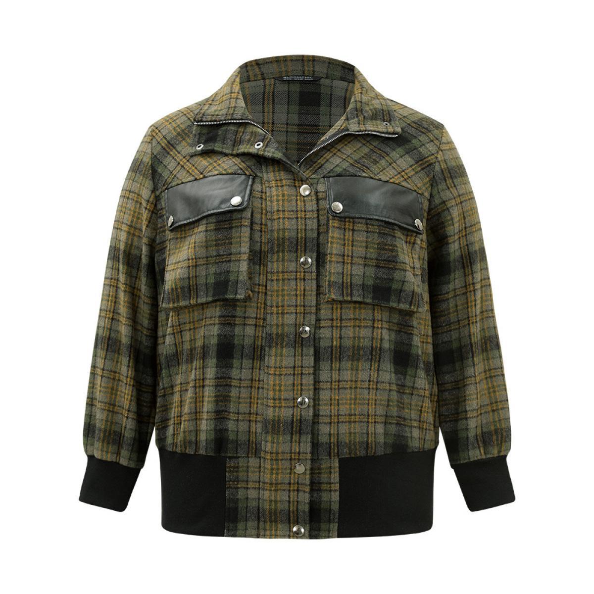 Plus Size Plaid Flap Pocket Zipper Fly Jacket Women Multicolor Elastic cuffs Pocket Dailywear Jackets BloomChic 12/L Product Image