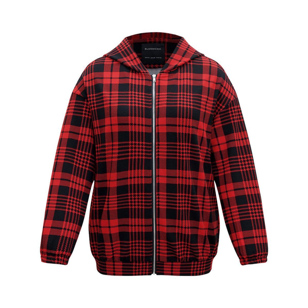 Plus Size Plaid Zipper Hooded Jacket Women Raspberry Elastic cuffs Everyday Jackets BloomChic 12/L Product Image