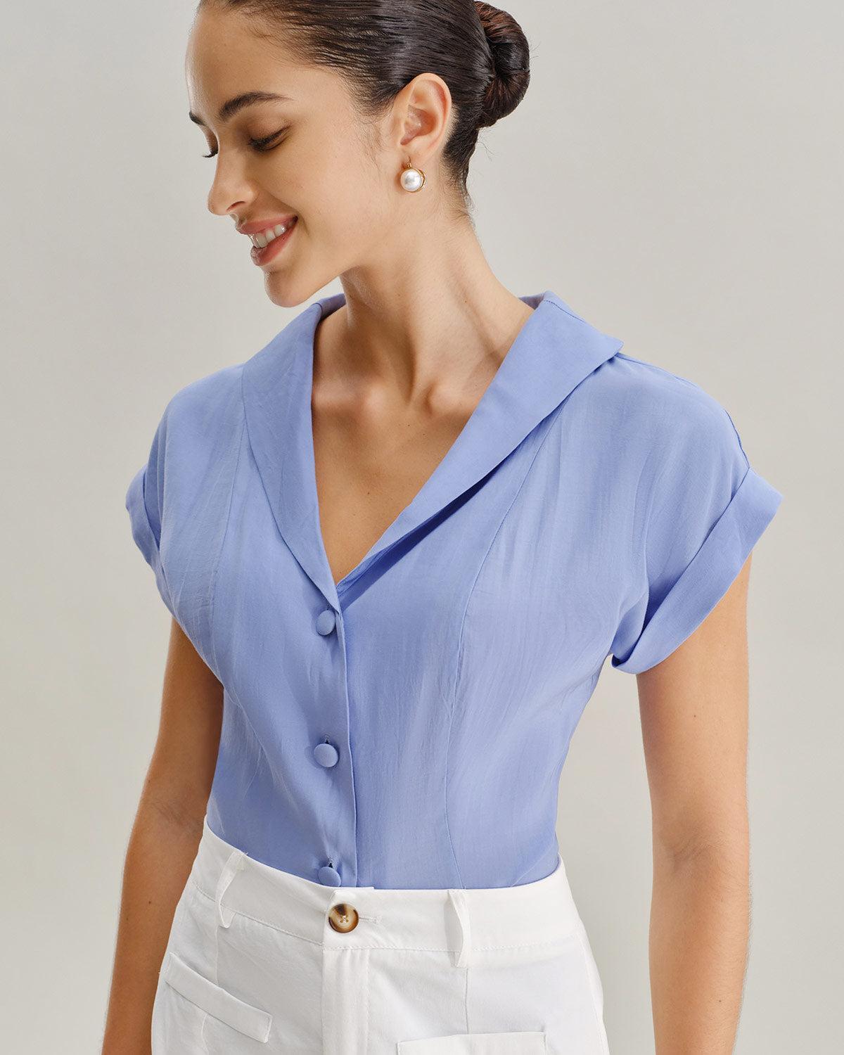 Blue Cowl Sleeve Button Shirt Product Image