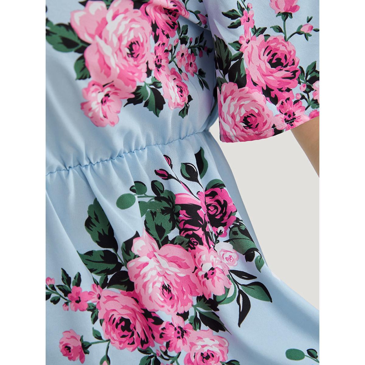 Plus Size LightBlue Floral Half Zipper Ruffle Sleeve Blouse Women Elegant Short sleeve V-neck Dailywear Blouses BloomChic 28/5X Product Image