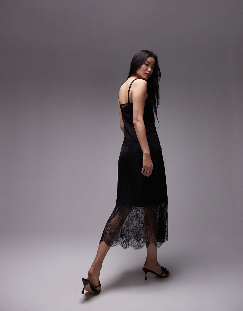 Topshop premium scoop neck lace insert midi dress with removable lining in black Product Image