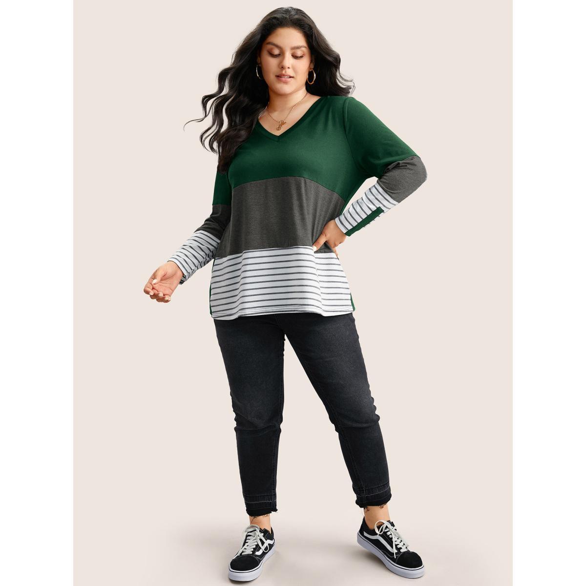Plus Size Colorblock Contrast Striped V Neck T-shirt DarkGreen Women Casual Contrast Striped V-neck Everyday T-shirts BloomChic 14-16/1X Product Image