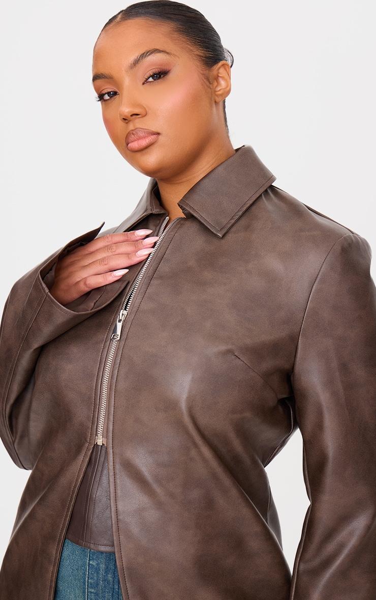 Plus Brown Washed Split Hem Oversized Collar Detail Faux Leather Jacket Product Image