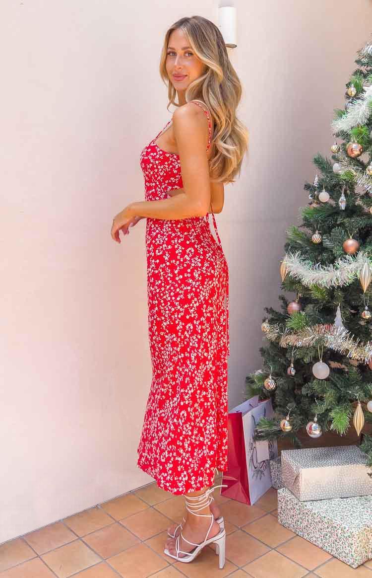 Delphine Red Floral Midi Dress Product Image