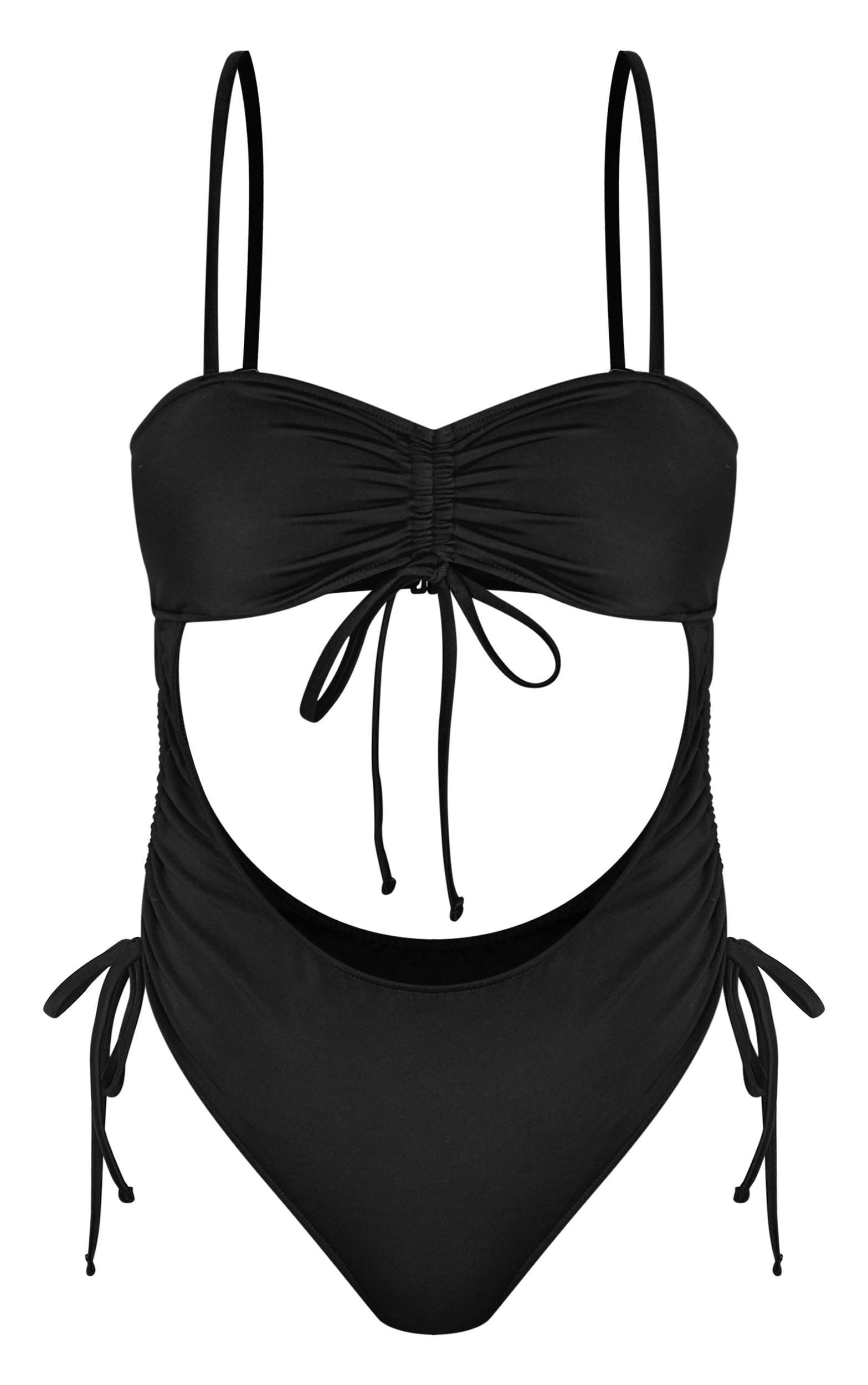 Black Ruched Cut Out Halter Tie Swimsuit Product Image