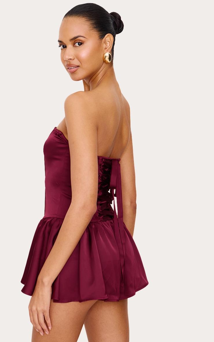 Burgundy Satin Corset Detail Bandeau Romper Product Image