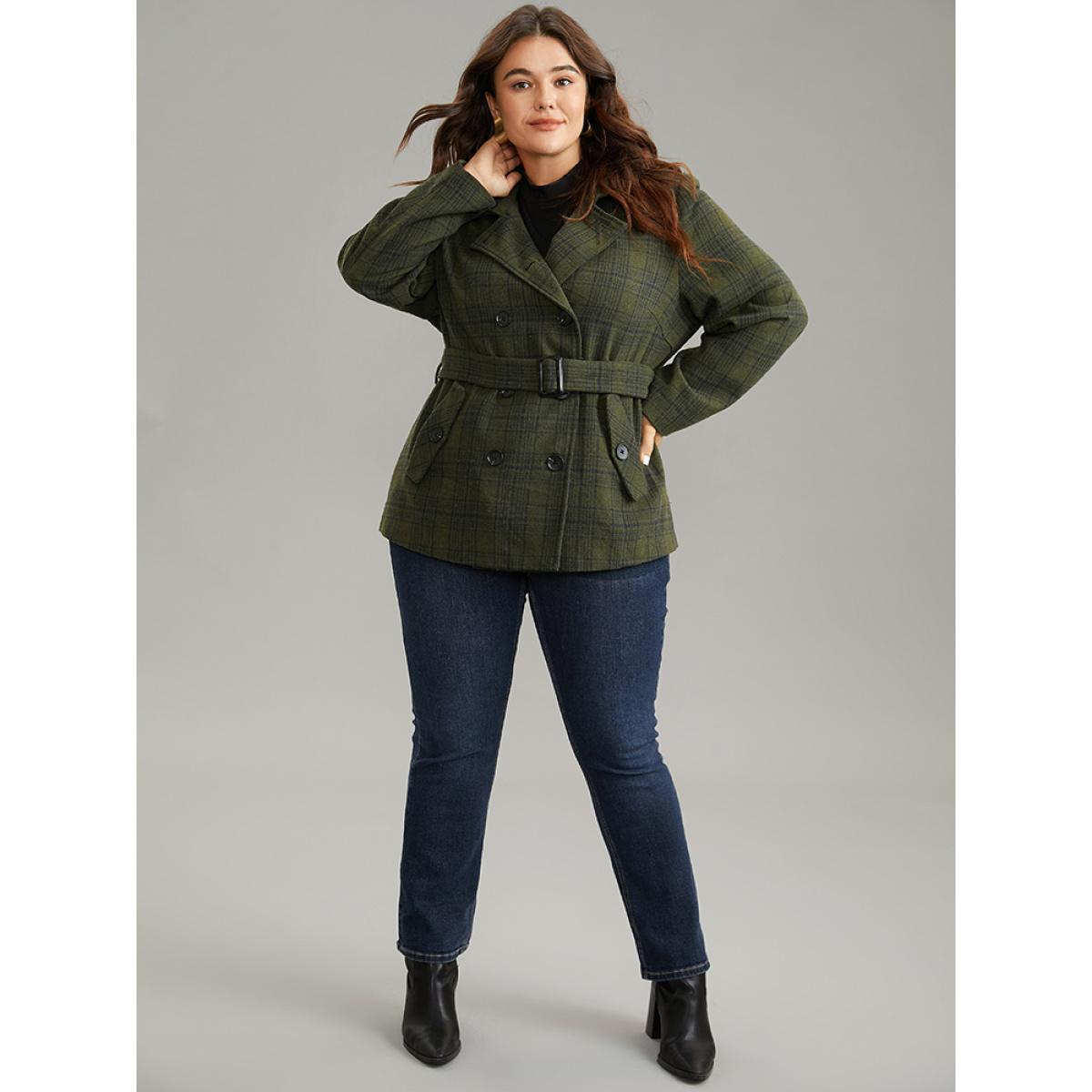 Plus Size Plaid Lapel Collar Double Breasted Belted Coat Women ArmyGreen Casual Lined Ladies Dailywear Winter Coats BloomChic 26/4X Product Image