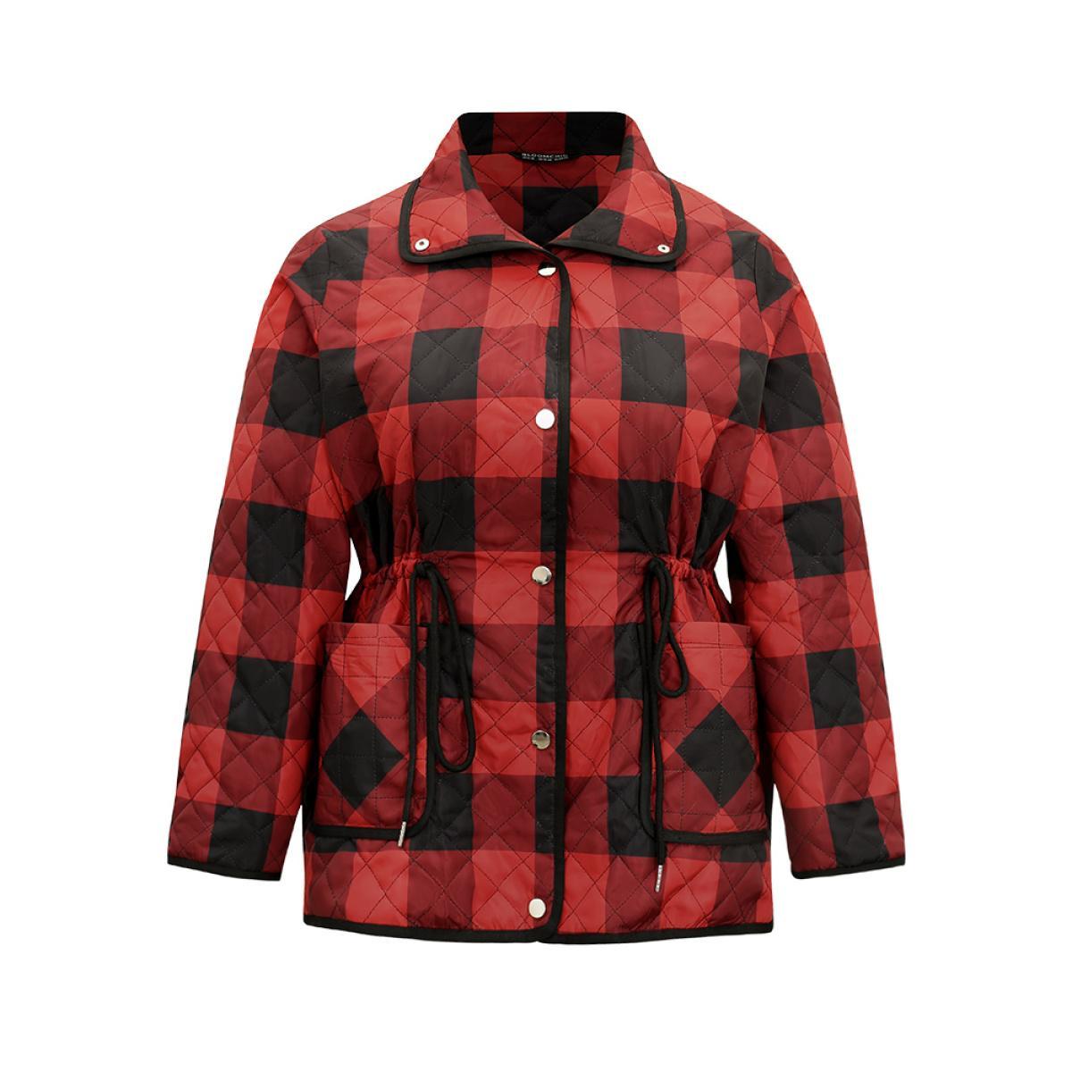 Plus Size Plaid Contrast Trim Drawstring Button Through Coat Women Red Casual Lined Ladies Dailywear Winter Coats BloomChic 10/M Product Image