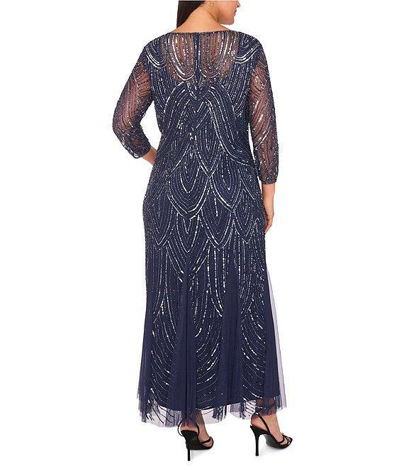 Pisarro Nights Plus Size Beaded Mesh 3/4 Sleeve A-Line Gown Product Image
