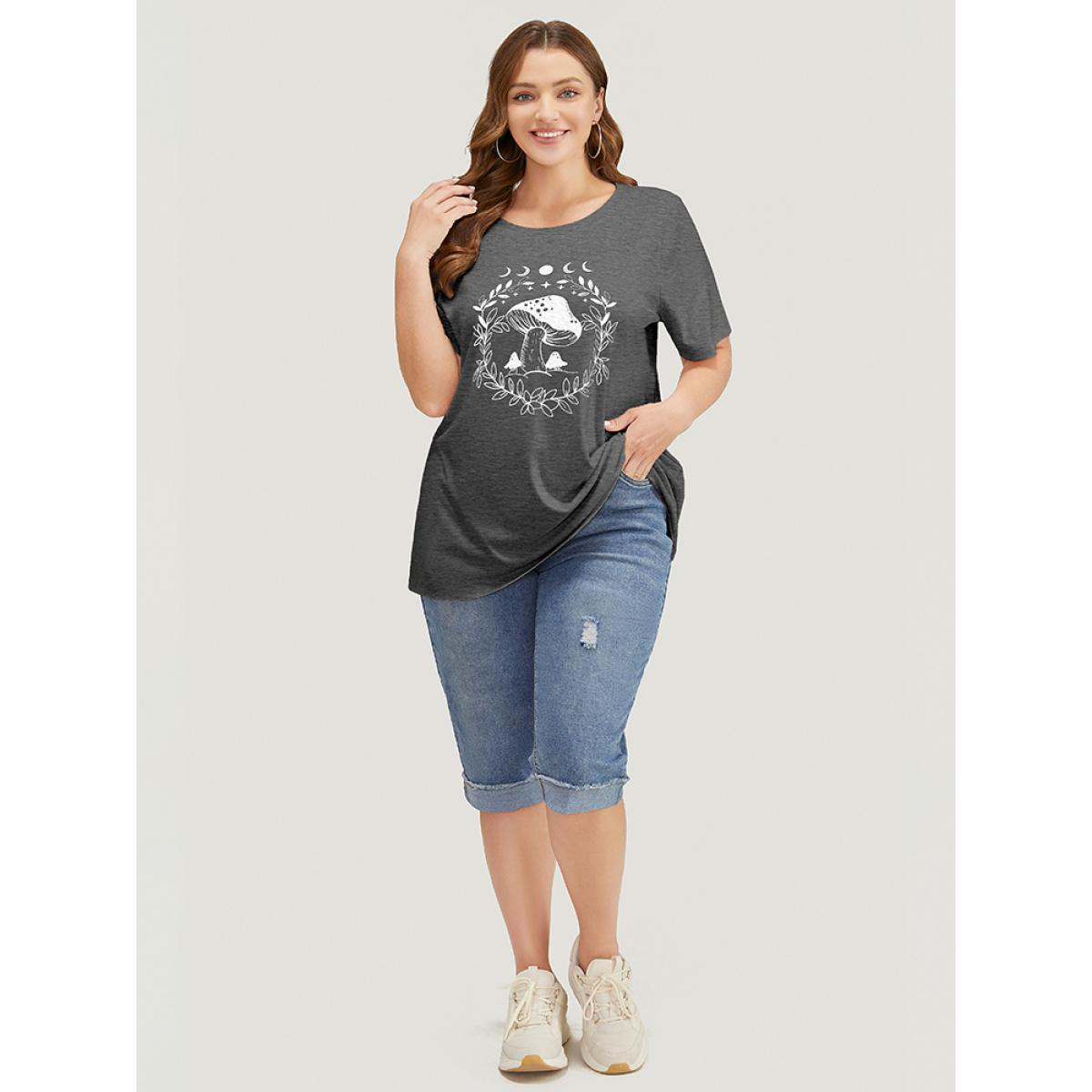 Plus Size Mushroom & Moon Print Short Sleeve Crew Neck T-shirt DimGray Women Casual Natural Flowers Dailywear T-shirts BloomChic 18-20/2X Product Image