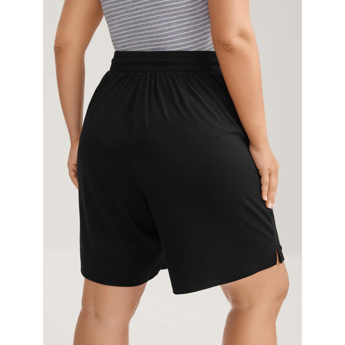Plus Size Stretchy Slit Drawstring Straight-Leg Shorts Women Black Leisure Drawstring Straight Leg Casual Shorts BloomChic 30/6X Product Image