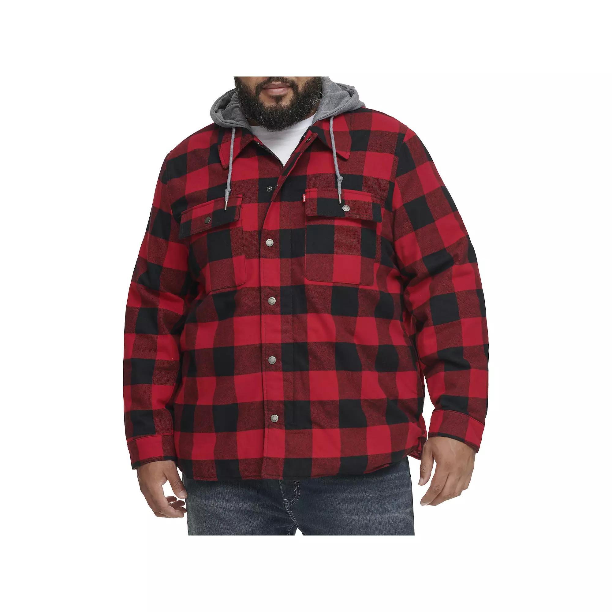 Big & Tall Levi's® Plaid High-Pile Fleece-Lined Hooded Shirt Jacket, Men's, Size: Large Tall, Red Black Plaid Product Image