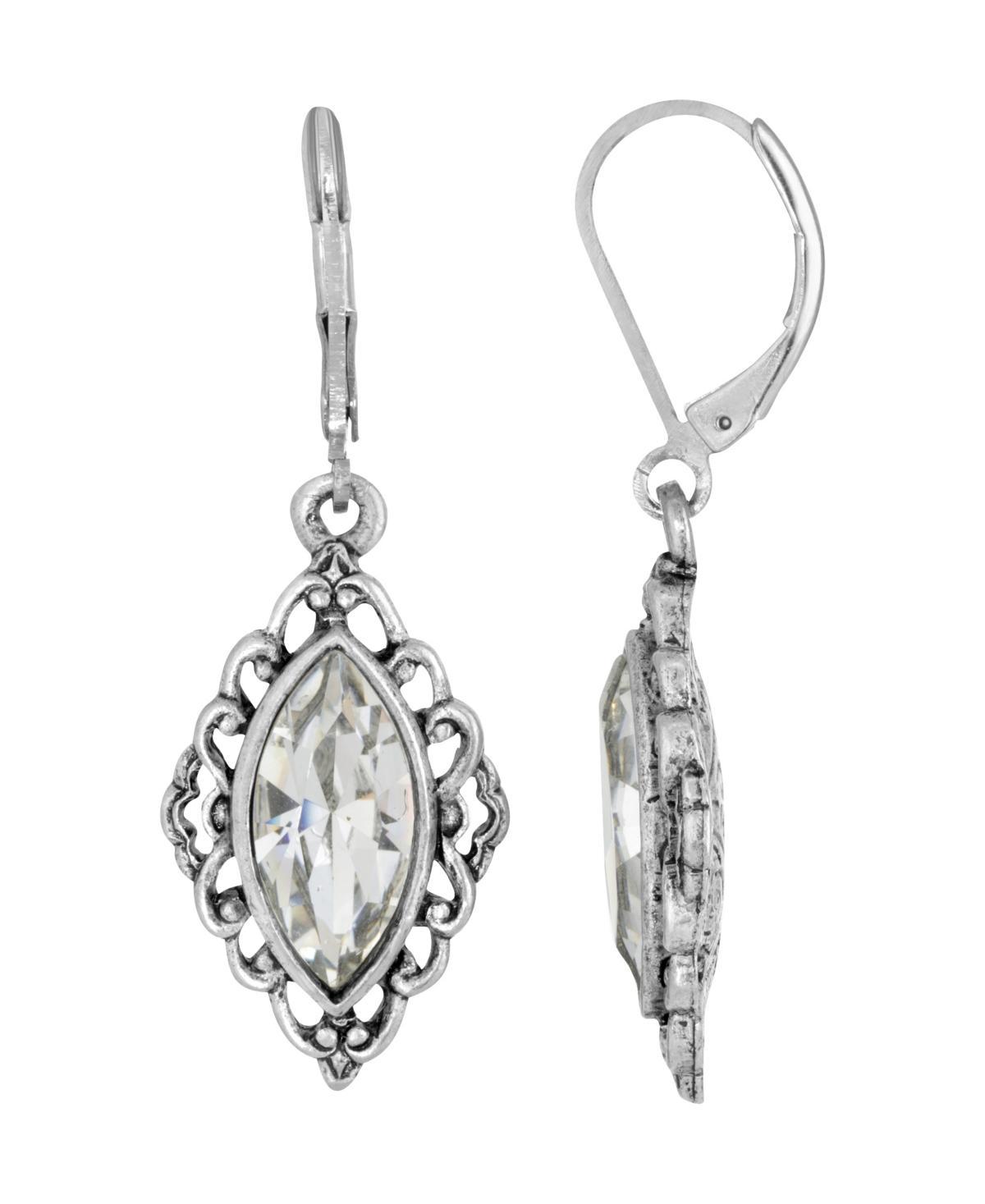 1928 Silver Tone Simulated Crystal Diamond-Shaped Filigree Drop Earrings, Womens, Clear Product Image