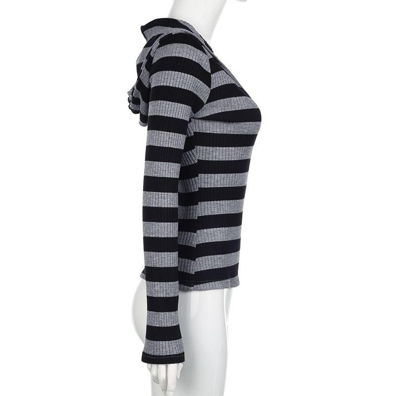 Long Sleeve V-Neck Striped Hood Ribbed Knit Top Product Image