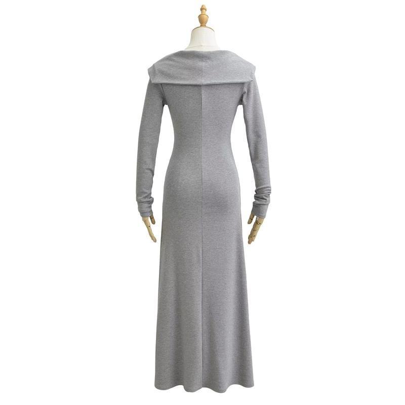 Long-Sleeve Tie-Neck Plain Midi A-Line Dress Product Image