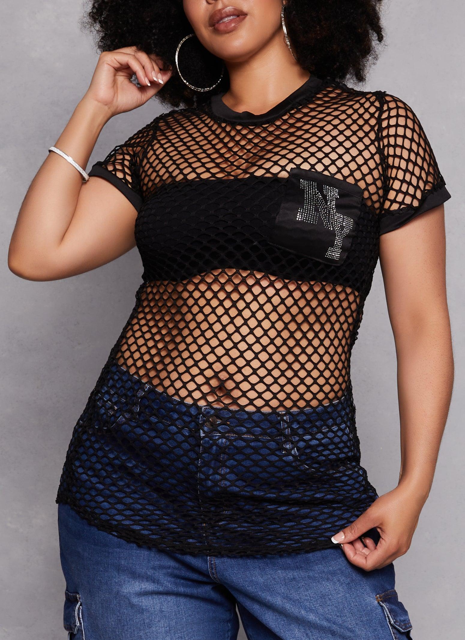 Womens Plus Size Fishnet NY Rhinestone Graphic Tee Product Image