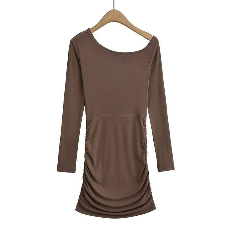 Long Sleeve One Shoulder Plain Ruched Mini Sheath Dress Product Image