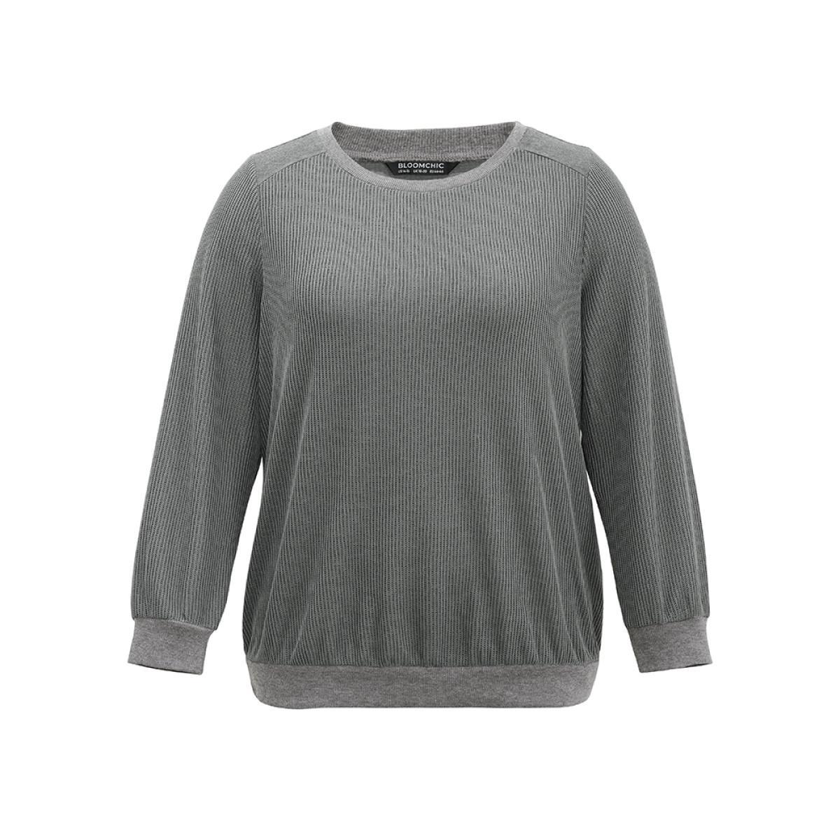 Plus Size Plisse Solid Elastic Hem Crew Neck Sweatshirt Women Gray Casual Rib Knit Round Neck Everyday Sweatshirts BloomChic 18-20/2X Product Image
