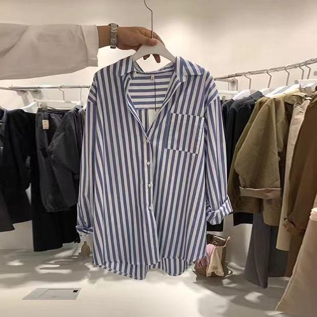 Long-Sleeve Striped Pocket Detail Shirt Product Image