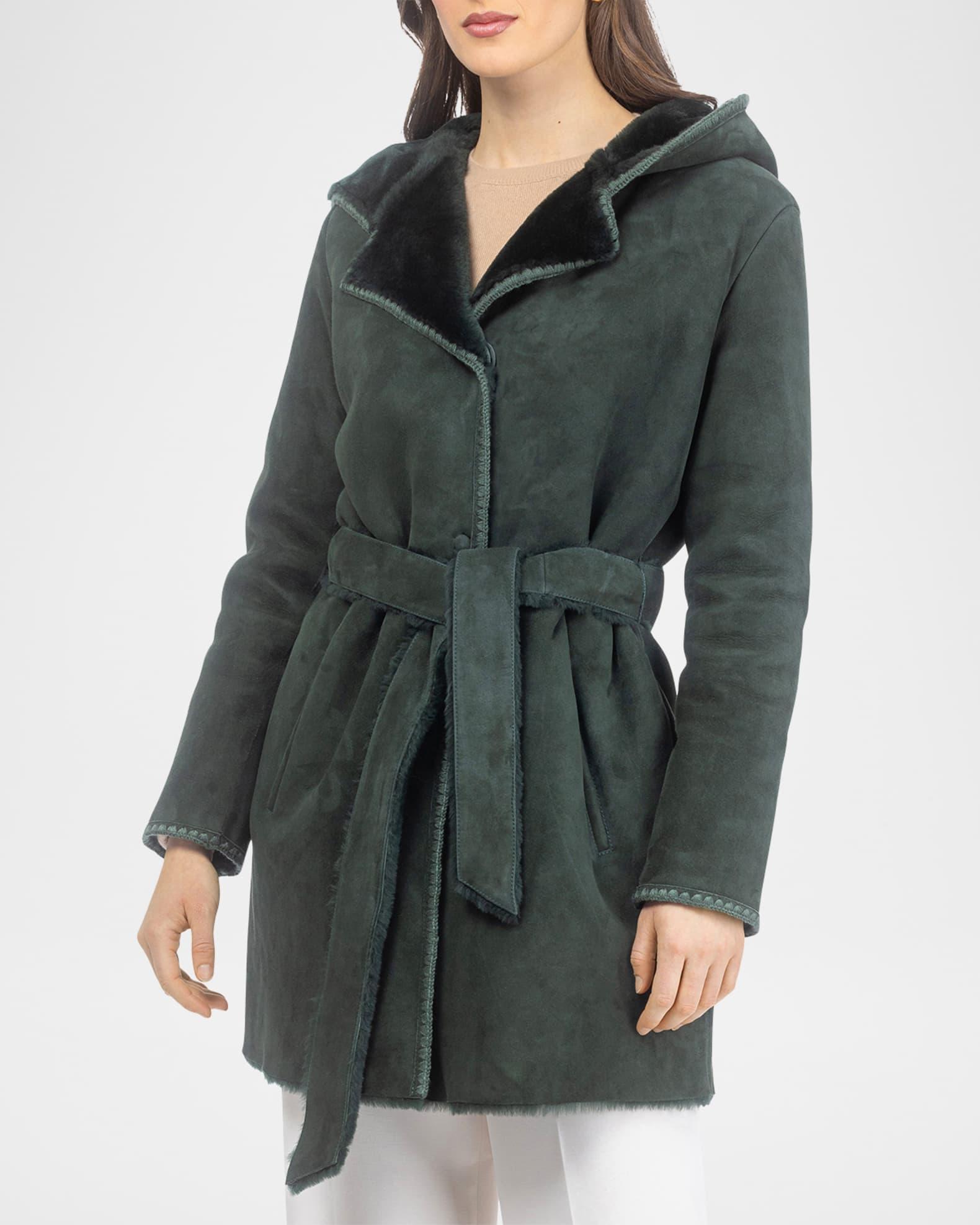 Merino Shearling Lamb Belted Parka With Embroidered Trim Product Image