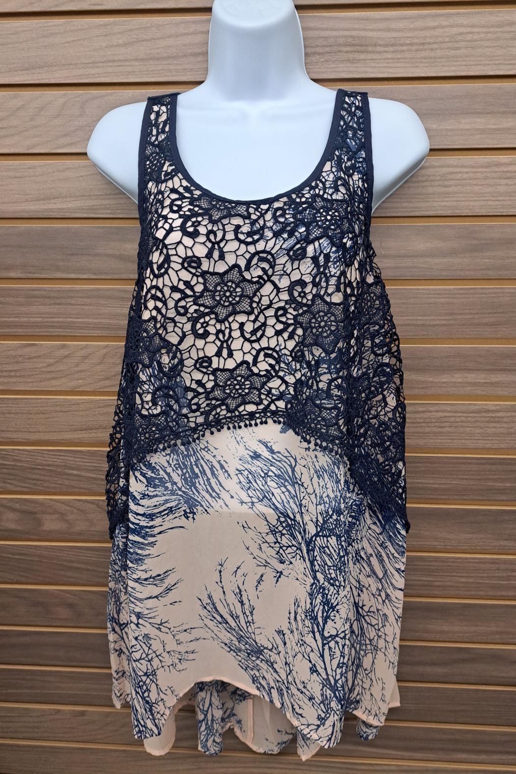 Blue floral lace tie back long tank Product Image