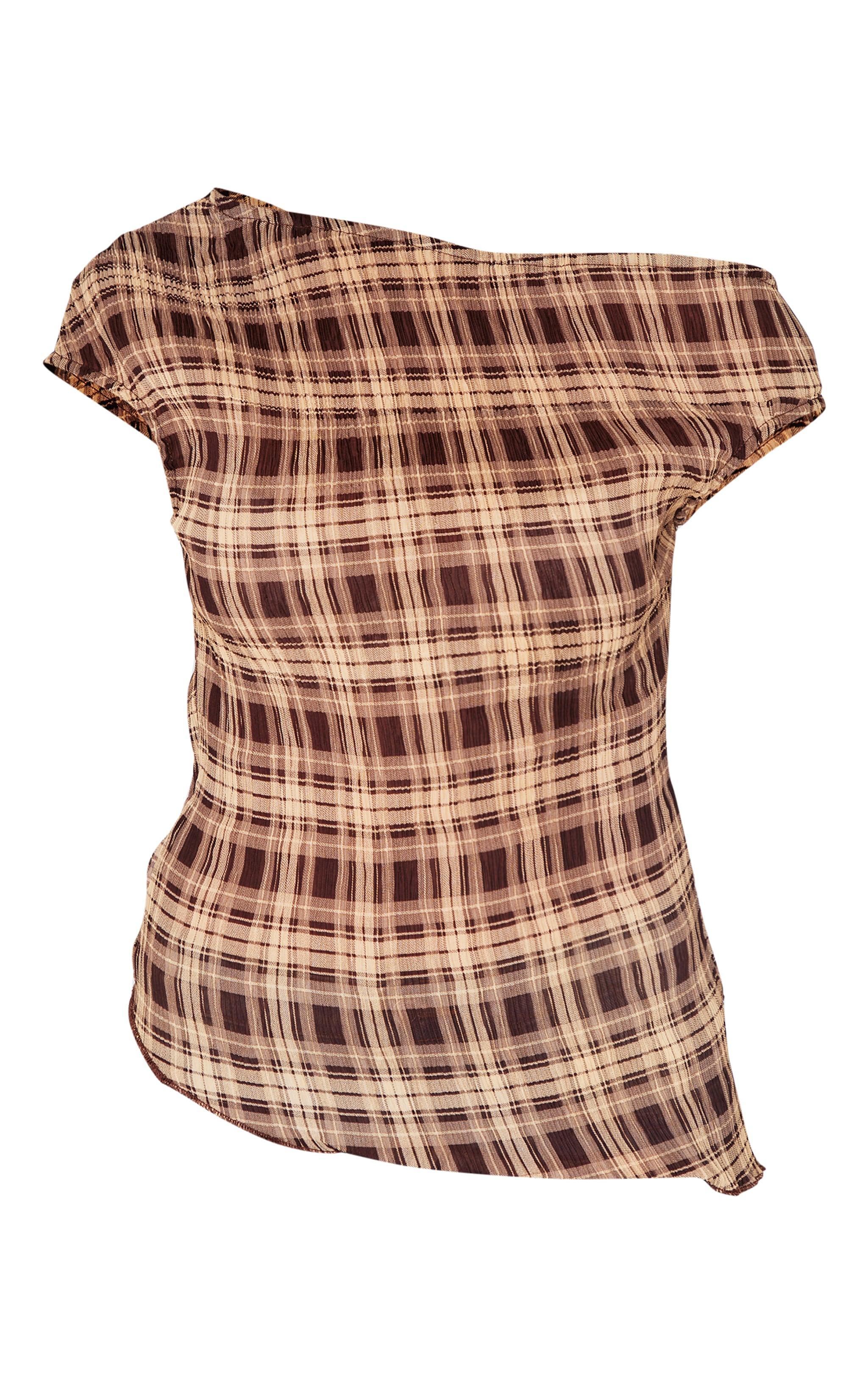 Brown Chiffon Plisse Check Asymmetric Long Top Product Image