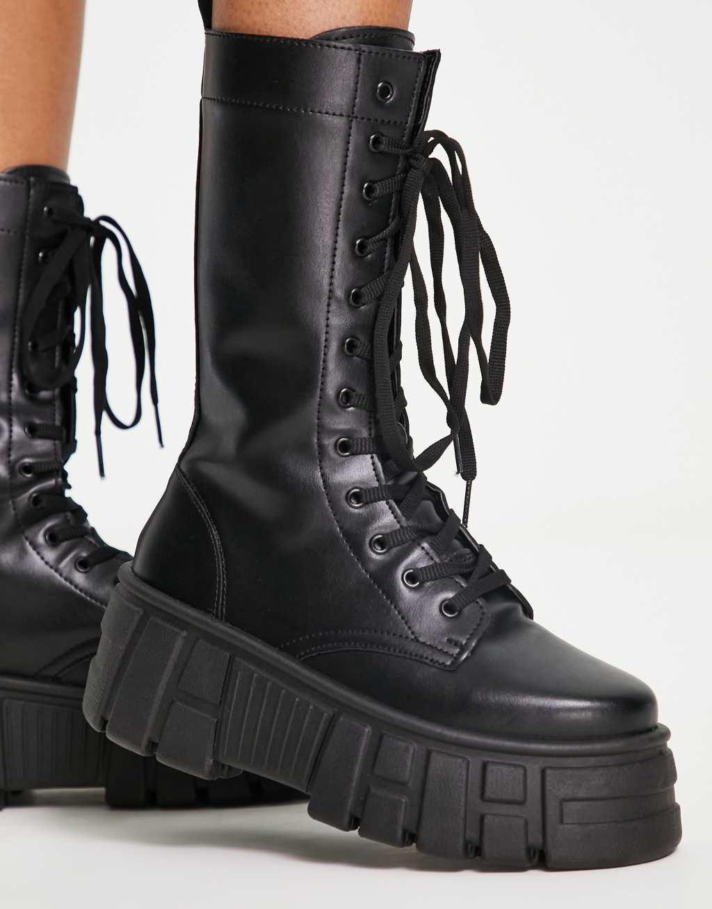 ASOS DESIGN Athens 3 chunky high lace up boots in black Product Image