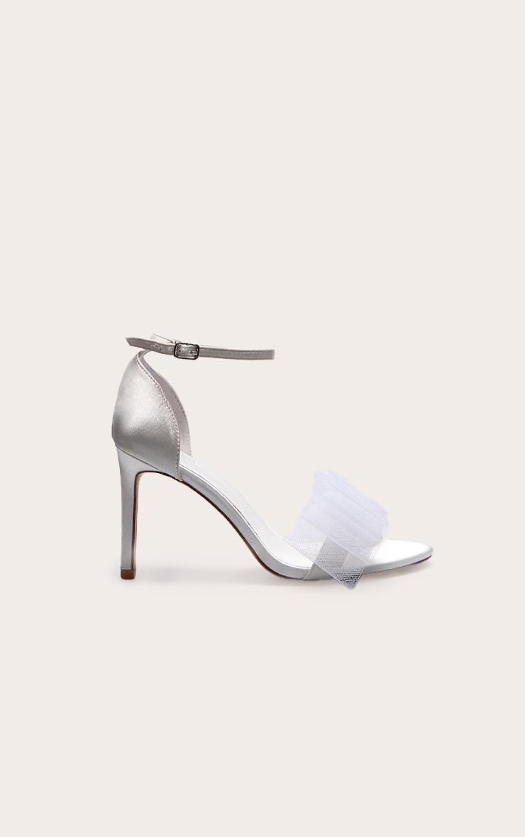 White Satin Round Toe Mesh Bow High Heeled Stiletto Sandals Product Image