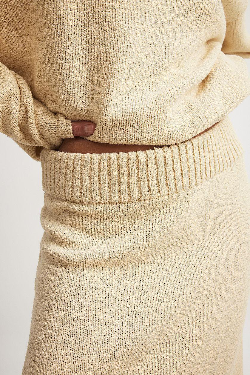 Knitted Fringe Detail Midi Skirt Beige Product Image