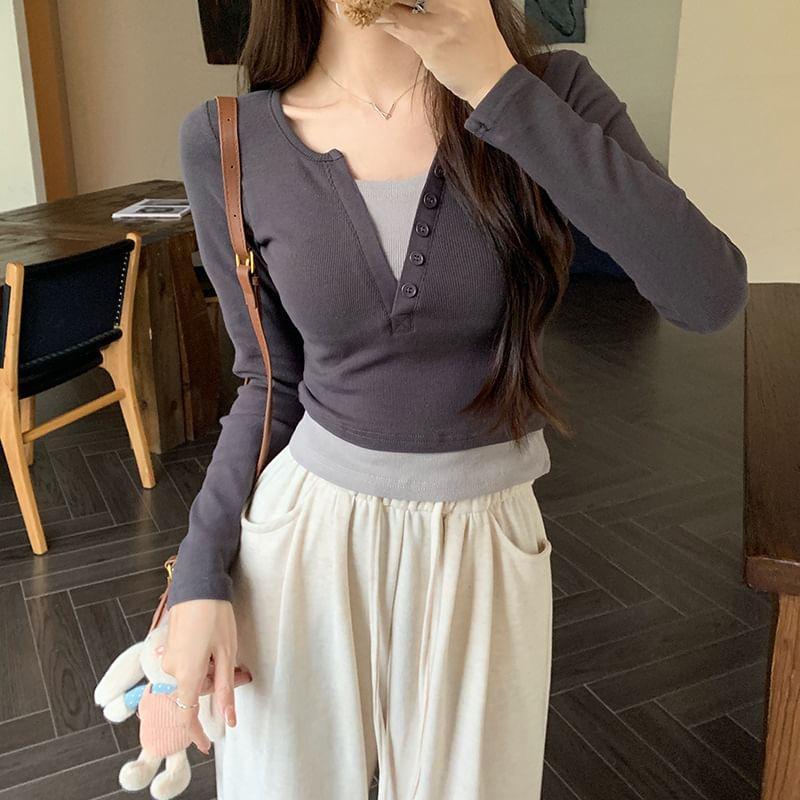 V-Neck Long Sleeve Plain Mock Two Piece Cropped Top Product Image