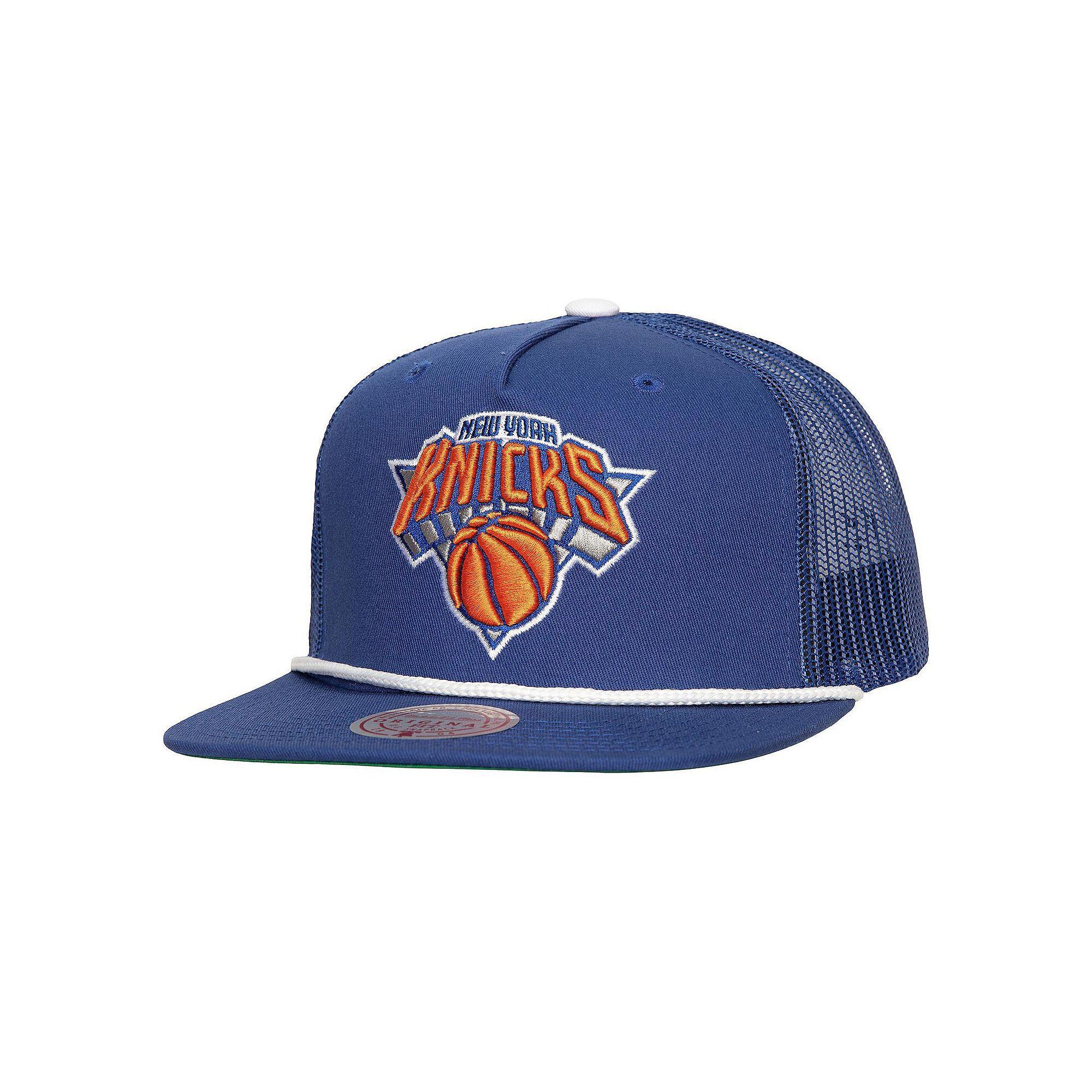 Men's Mitchell & Ness Blue New York Knicks Roper Meshback Trucker Snapback Hat Product Image